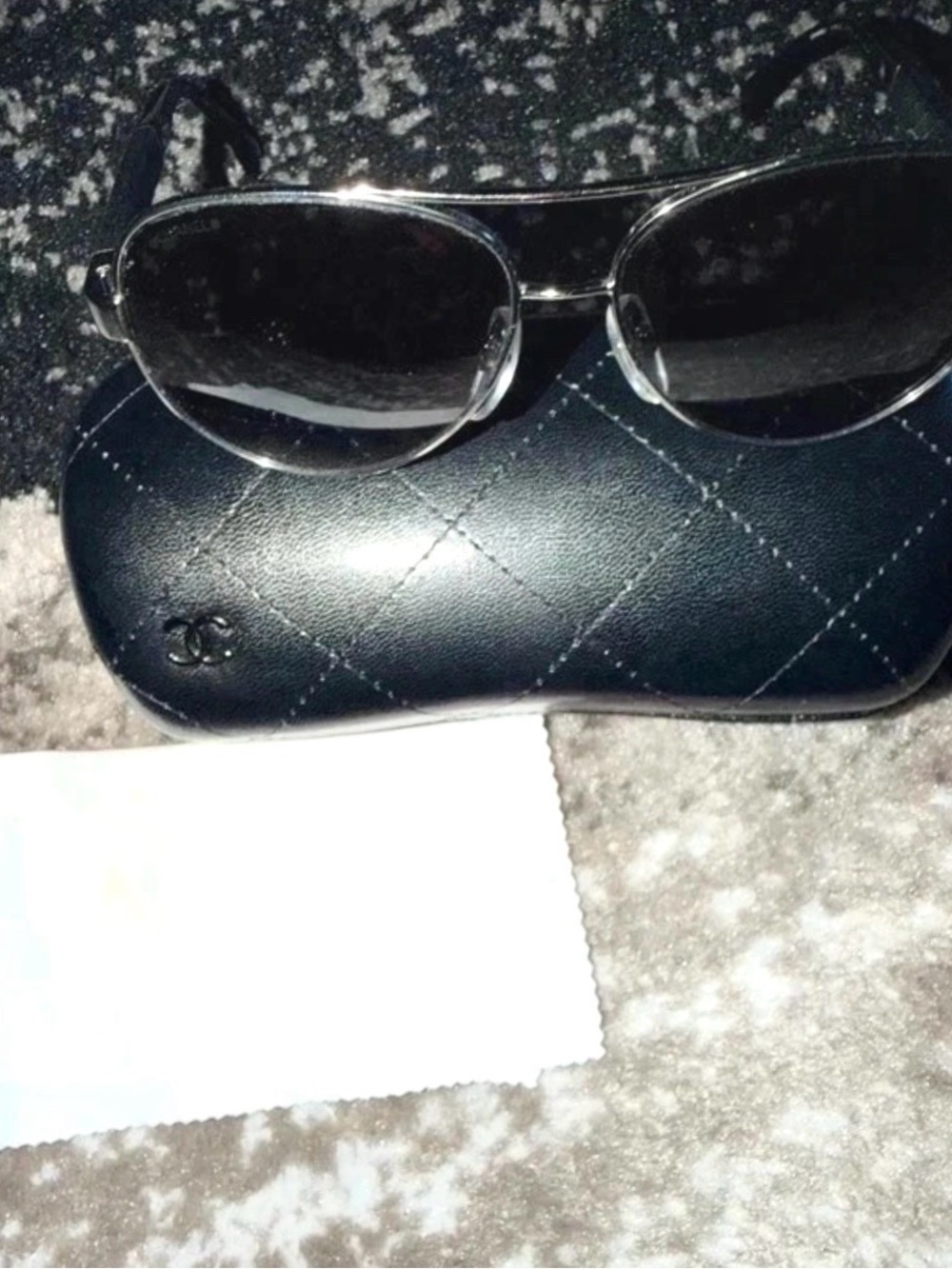 CHANEL Silver Metal Aviator Sunglasses with Black Lenses